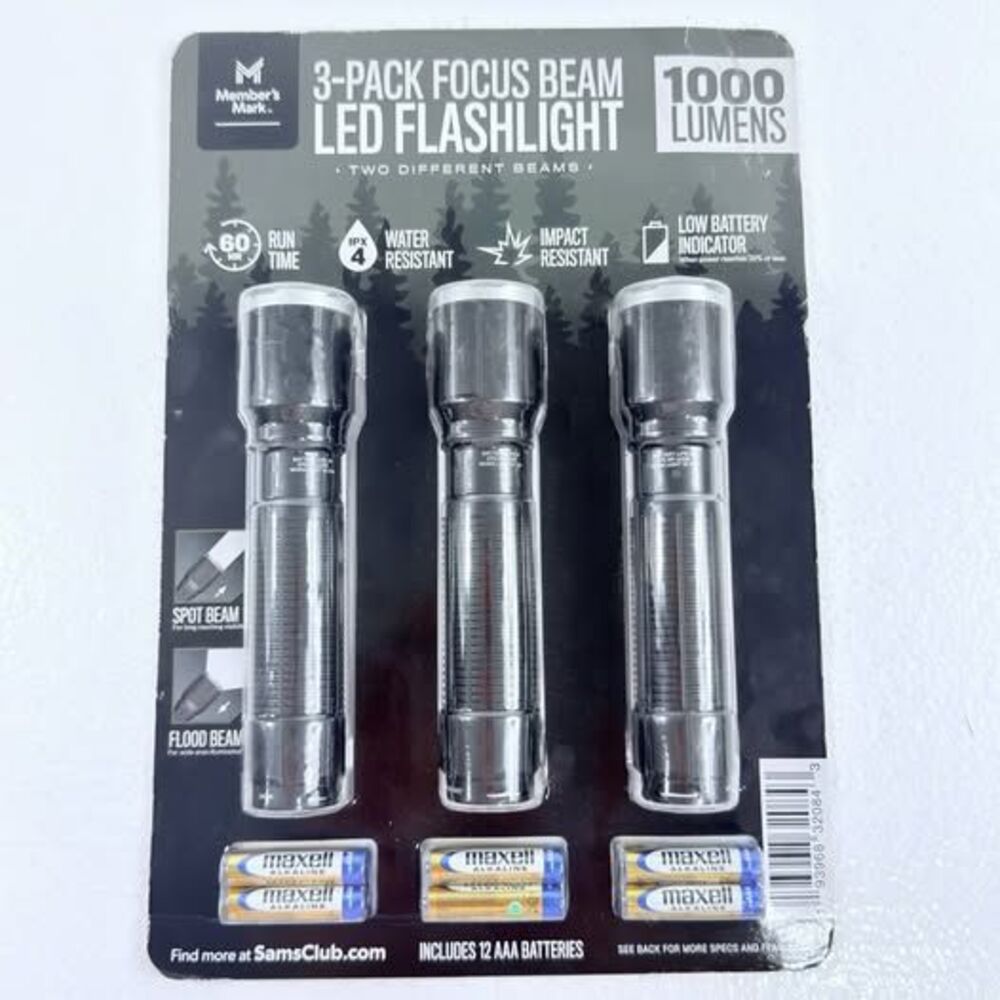 NEW Member's Mark 3-Pack Focus Beam LED Flashlights W/ Batteries 1000 Lumens
